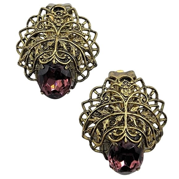 Gold Tone Filigree Purple Rhinestone Clip On Earrings - Picture 4 of 4